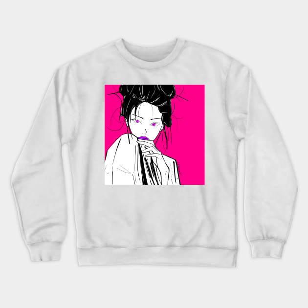 japanese folk geisha woman ecopop in pink portrait art Crewneck Sweatshirt by jorge_lebeau